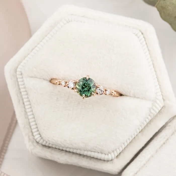 Envero Jewelry Rings Estel Fleur Six Prongs Ring 082ct Green Queensland Sapphire 14k Rose Gold One of a kind Envero Jewelry Rings Estel Fleur Six Prongs Ring 082ct Green Queensland Sapphire 14k Rose Gold One of a kind