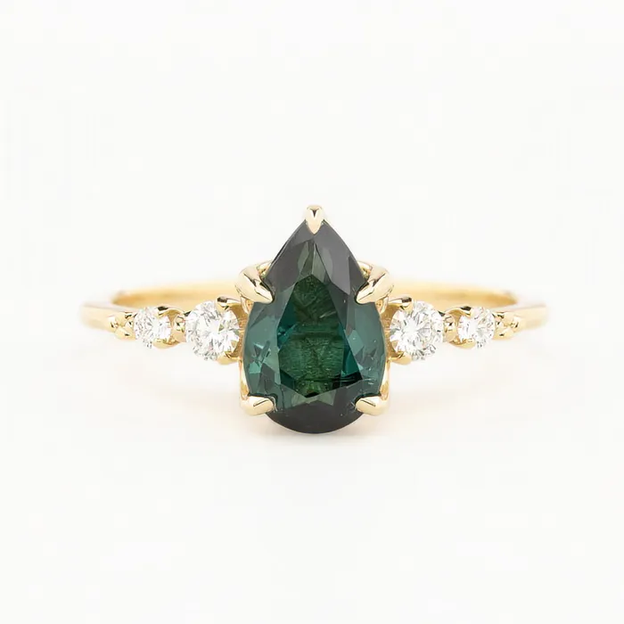Estel Fleur Ring Peacock Green Pear Tourmaline 14K Yellow Gold One of a kind Envero Jewelry Rings Estel Fleur Ring Peacock Green Pear Tourmaline 14K Yellow Gold One of a kind Envero Jewelry Rings