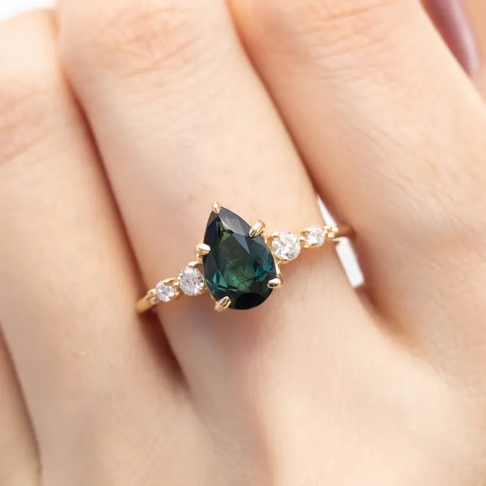 Estel Fleur Ring Peacock Green Pear Tourmaline 14K Yellow Gold One of a kind Envero Jewelry Rings Estel Fleur Ring Peacock Green Pear Tourmaline 14K Yellow Gold One of a kind Envero Jewelry Rings