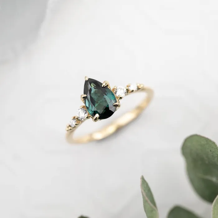 Estel Fleur Ring Peacock Green Pear Tourmaline 14K Yellow Gold One of a kind Envero Jewelry Rings Estel Fleur Ring Peacock Green Pear Tourmaline 14K Yellow Gold One of a kind Envero Jewelry Rings