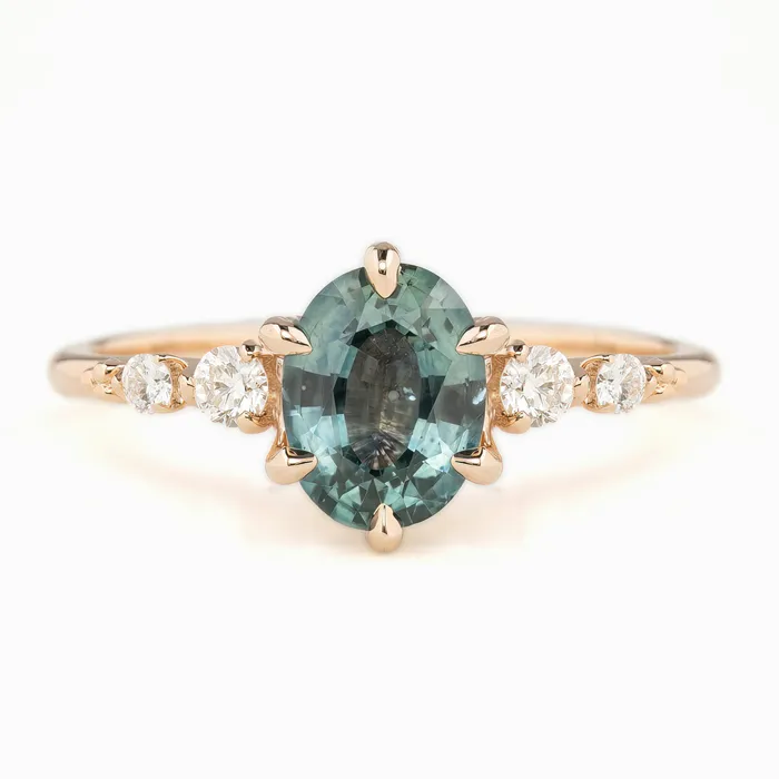 Estel Fleur Six Prongs Ring 141ct Blue Green Oval Montana Sapphire 14K Rose Gold One of a kind Envero Jewelry Rings Estel Fleur Six Prongs Ring 141ct Blue Green Oval Montana Sapphire 14K Rose Gold One of a kind Envero Jewelry Rings