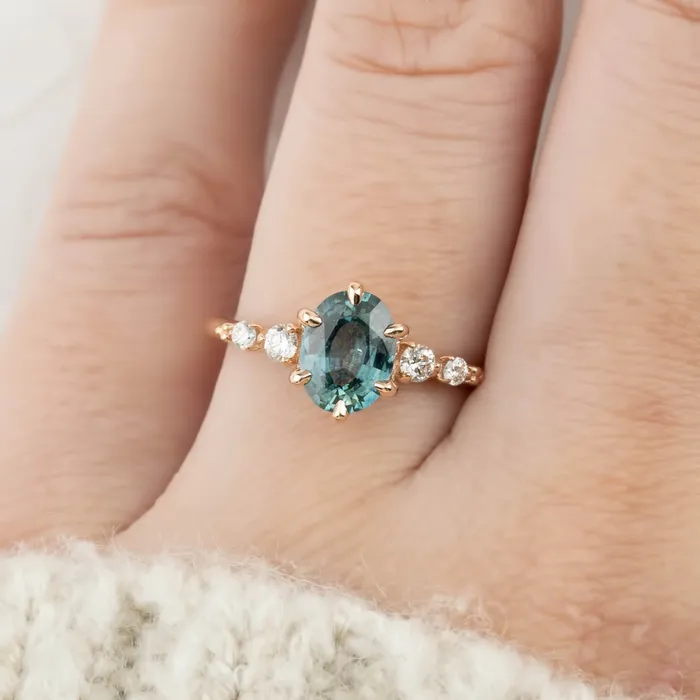 Estel Fleur Six Prongs Ring 141ct Blue Green Oval Montana Sapphire 14K Rose Gold One of a kind Envero Jewelry Rings Estel Fleur Six Prongs Ring 141ct Blue Green Oval Montana Sapphire 14K Rose Gold One of a kind Envero Jewelry Rings