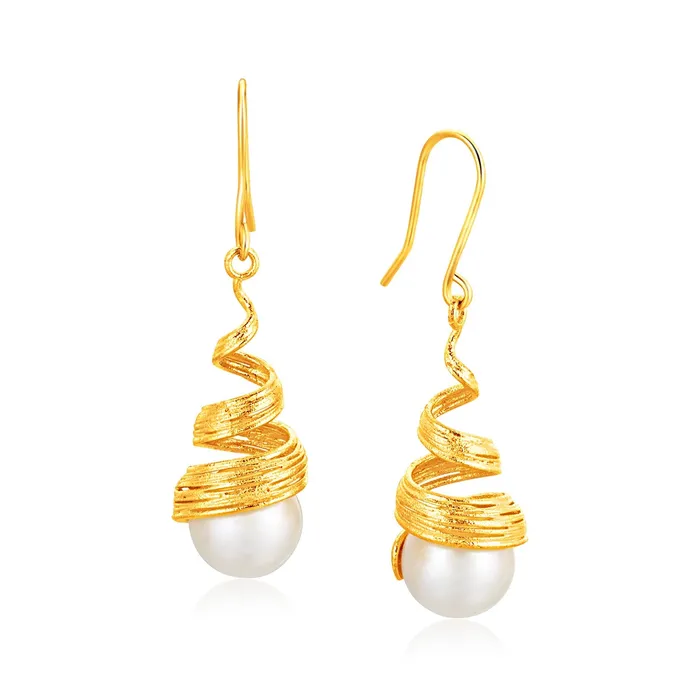 Italian Design 14k Yellow Gold Filament Spiral Earrings with Cultured Pearl MayaMila Earrings Italian Design 14k Yellow Gold Filament Spiral Earrings with Cultured Pearl MayaMila Earrings