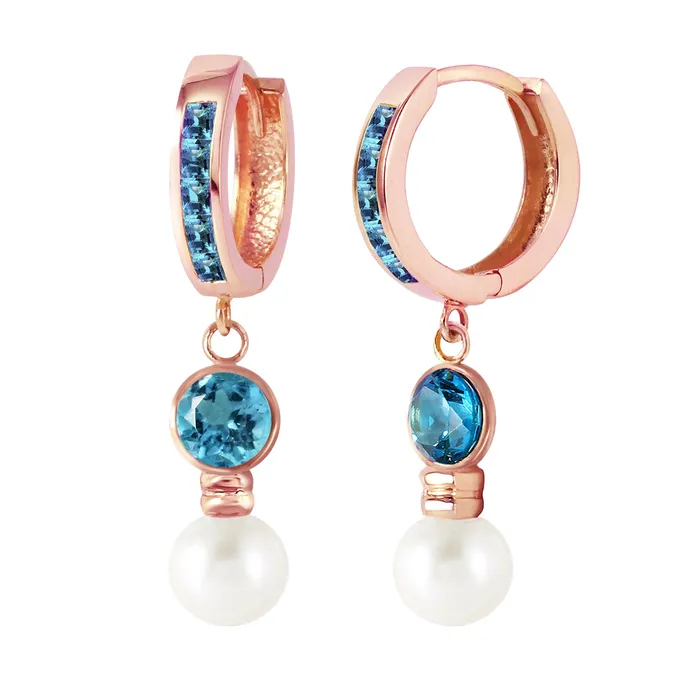 MayaMila Earrings 43 Carat 14K Solid Rose Gold Huggie Earrings pearl Blue Topaz MayaMila Earrings 43 Carat 14K Solid Rose Gold Huggie Earrings pearl Blue Topaz