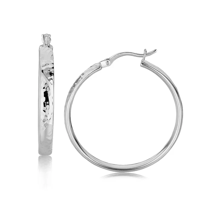 MayaMila Earrings Sterling Silver Hammered Style Hoop Earrings with Rhodium Plating 30mm