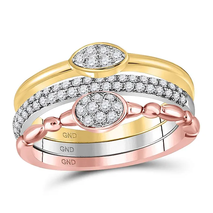 mayamila Rings 10kt TriTone Gold Womens Round Diamond 3Piece Stackable Band Ring Set 12 Cttw mayamila Rings 10kt TriTone Gold Womens Round Diamond 3Piece Stackable Band Ring Set 12 Cttw