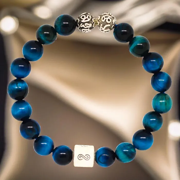 MF Bracelets Blue Tiger Eye Infinity Round Silver Bracelet 8 MM