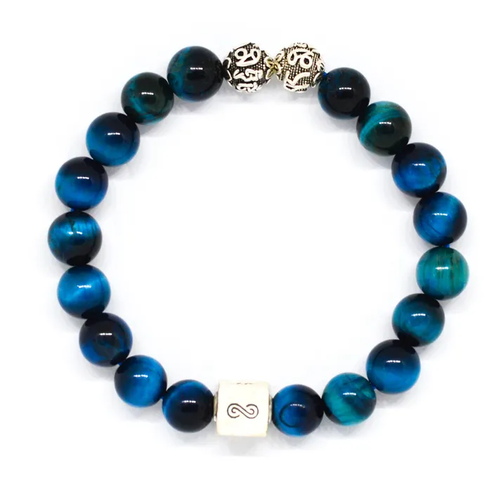 MF Bracelets Blue Tiger Eye Infinity Round Silver Bracelet 8 MM