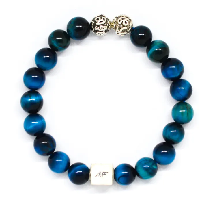 MF Bracelets Blue Tiger Eye Infinity Round Silver Bracelet 8 MM