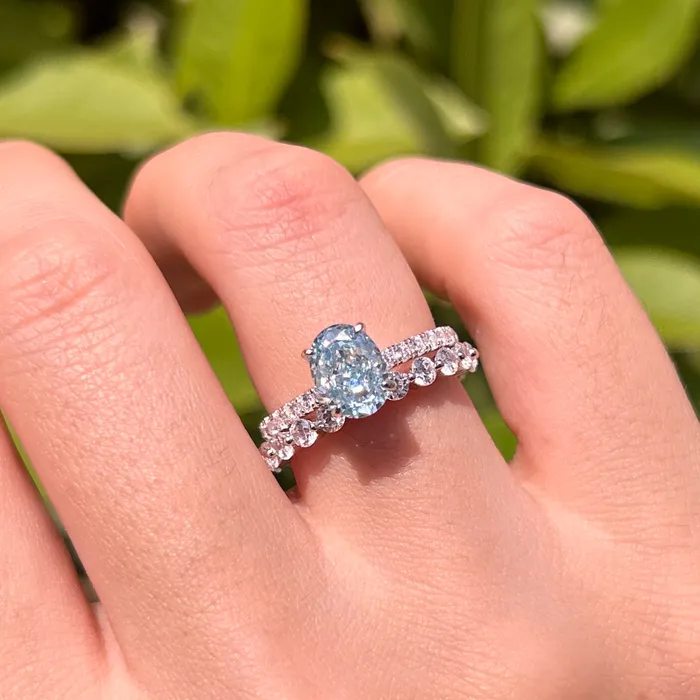 Rings Carly Jewelry 2 Pcs Stunning Blue Oval Cut Sterling Silver Bridal Set