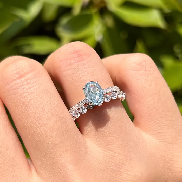 Rings Carly Jewelry 2 Pcs Stunning Blue Oval Cut Sterling Silver Bridal Set