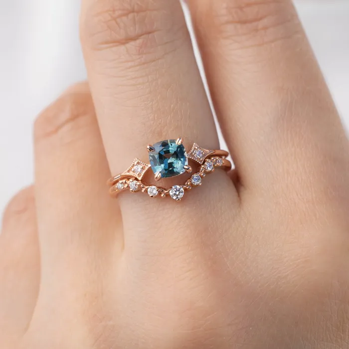 Rings Charlene Ring 092ct Blue Green Cushion Cut Montana Sapphire 14k Rose Gold One of a kind Envero Jewelry Rings Charlene Ring 092ct Blue Green Cushion Cut Montana Sapphire 14k Rose Gold One of a kind Envero Jewelry
