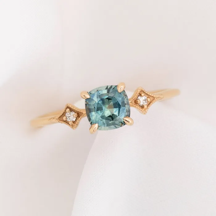 Rings Charlene Ring 092ct Blue Green Cushion Cut Montana Sapphire 14k Rose Gold One of a kind Envero Jewelry Rings Charlene Ring 092ct Blue Green Cushion Cut Montana Sapphire 14k Rose Gold One of a kind Envero Jewelry