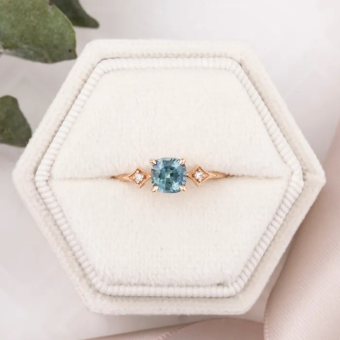 Rings Charlene Ring 092ct Blue Green Cushion Cut Montana Sapphire 14k Rose Gold One of a kind Envero Jewelry Rings Charlene Ring 092ct Blue Green Cushion Cut Montana Sapphire 14k Rose Gold One of a kind Envero Jewelry