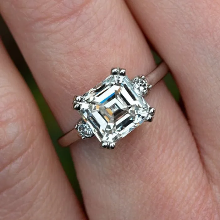 Rings Classic Three Stone Asscher Cut Sterling Silver Engagement Ring shineofdiamond