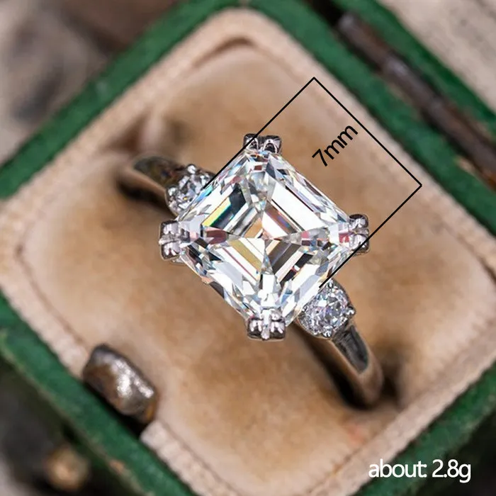Rings Classic Three Stone Asscher Cut Sterling Silver Engagement Ring shineofdiamond