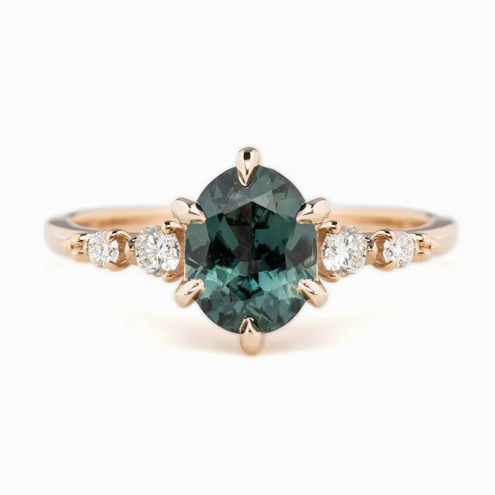 Rings Envero Jewelry Estel Fleur Six Prongs Ring 148ct Blue Green Oval African Sapphire 14K Rose Gold One of a kind Rings Envero Jewelry Estel Fleur Six Prongs Ring 148ct Blue Green Oval African Sapphire 14K Rose Gold One of a kind