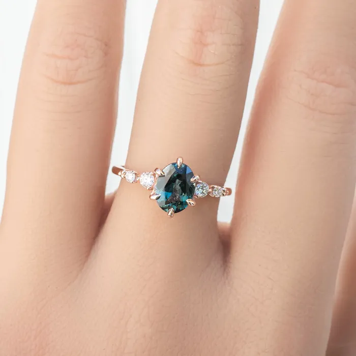 Rings Envero Jewelry Estel Fleur Six Prongs Ring 148ct Blue Green Oval African Sapphire 14K Rose Gold One of a kind Rings Envero Jewelry Estel Fleur Six Prongs Ring 148ct Blue Green Oval African Sapphire 14K Rose Gold One of a kind