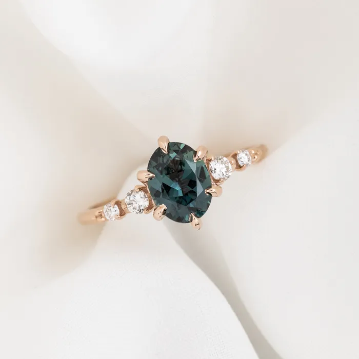 Rings Envero Jewelry Estel Fleur Six Prongs Ring 148ct Blue Green Oval African Sapphire 14K Rose Gold One of a kind Rings Envero Jewelry Estel Fleur Six Prongs Ring 148ct Blue Green Oval African Sapphire 14K Rose Gold One of a kind