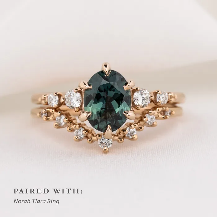 Rings Envero Jewelry Estel Fleur Six Prongs Ring 148ct Blue Green Oval African Sapphire 14K Rose Gold One of a kind Rings Envero Jewelry Estel Fleur Six Prongs Ring 148ct Blue Green Oval African Sapphire 14K Rose Gold One of a kind