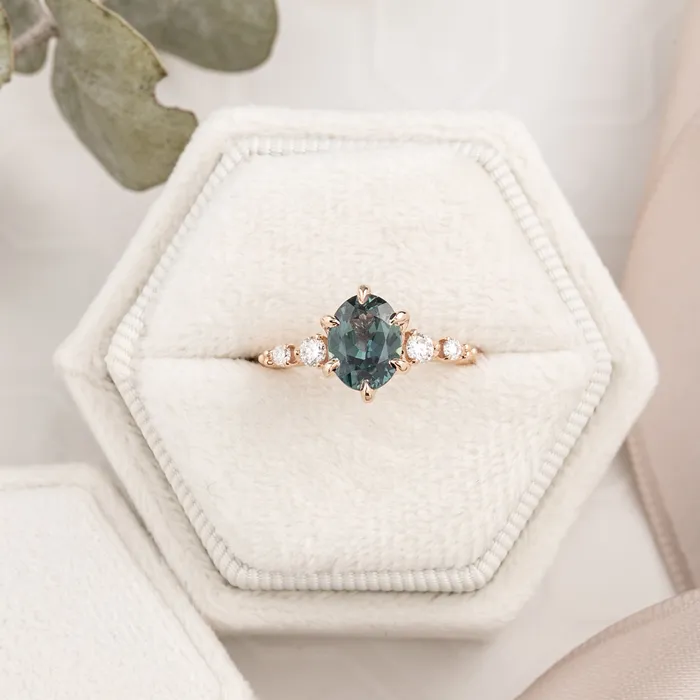 Rings Envero Jewelry Estel Fleur Six Prongs Ring 148ct Blue Green Oval African Sapphire 14K Rose Gold One of a kind Rings Envero Jewelry Estel Fleur Six Prongs Ring 148ct Blue Green Oval African Sapphire 14K Rose Gold One of a kind