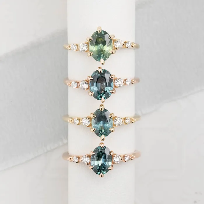 Rings Envero Jewelry Estel Fleur Six Prongs Ring 148ct Blue Green Oval African Sapphire 14K Rose Gold One of a kind Rings Envero Jewelry Estel Fleur Six Prongs Ring 148ct Blue Green Oval African Sapphire 14K Rose Gold One of a kind