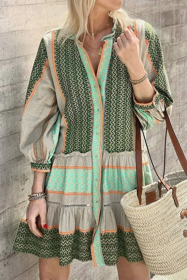 Rings Summer Green Multicolor Print Open Button Dress UNISHE