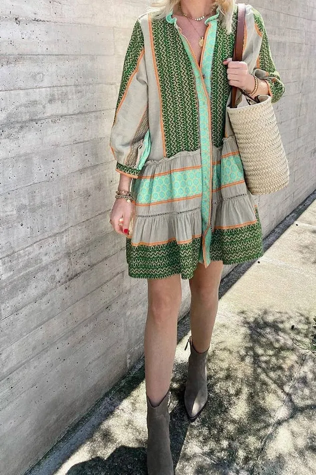 Rings Summer Green Multicolor Print Open Button Dress UNISHE Rings Summer Green Multicolor Print Open Button Dress UNISHE