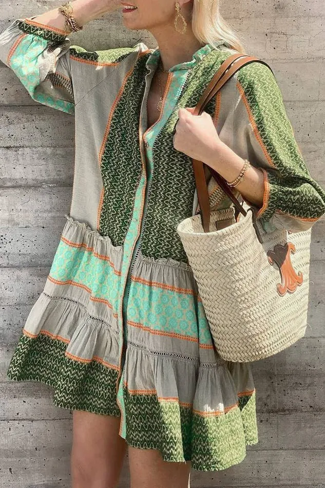 Rings Summer Green Multicolor Print Open Button Dress UNISHE Rings Summer Green Multicolor Print Open Button Dress UNISHE