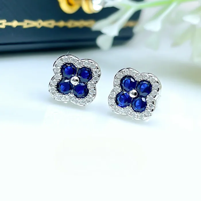 shine of diamond Earrings Clover Design Sapphire Stud Earrings in Sterling Silver shine of diamond Earrings Clover Design Sapphire Stud Earrings in Sterling Silver