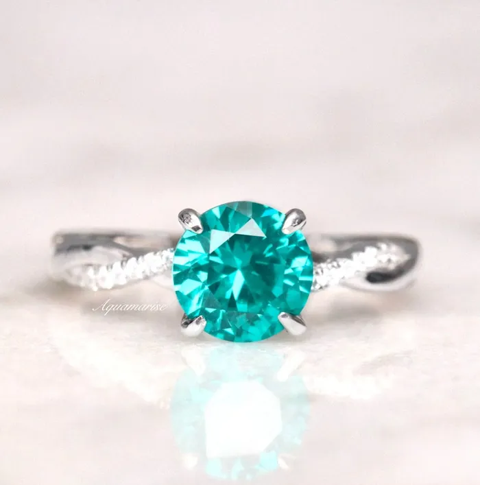 shine of diamond Rings Twisted Band Round Cut Paraiba Tourmaline Ring in Sterling Silver shine of diamond Rings Twisted Band Round Cut Paraiba Tourmaline Ring in Sterling Silver