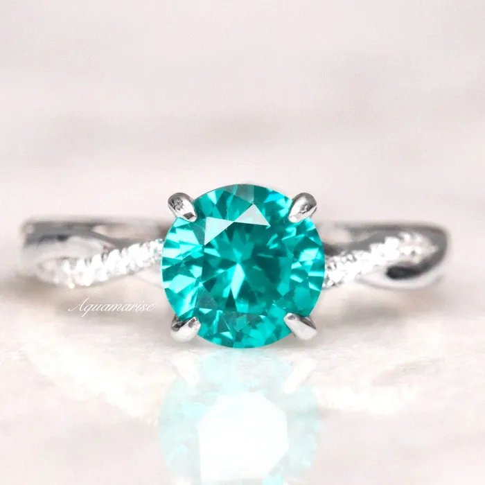 shine of diamond Rings Twisted Band Round Cut Paraiba Tourmaline Ring in Sterling Silver