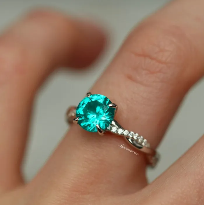 shine of diamond Rings Twisted Band Round Cut Paraiba Tourmaline Ring in Sterling Silver