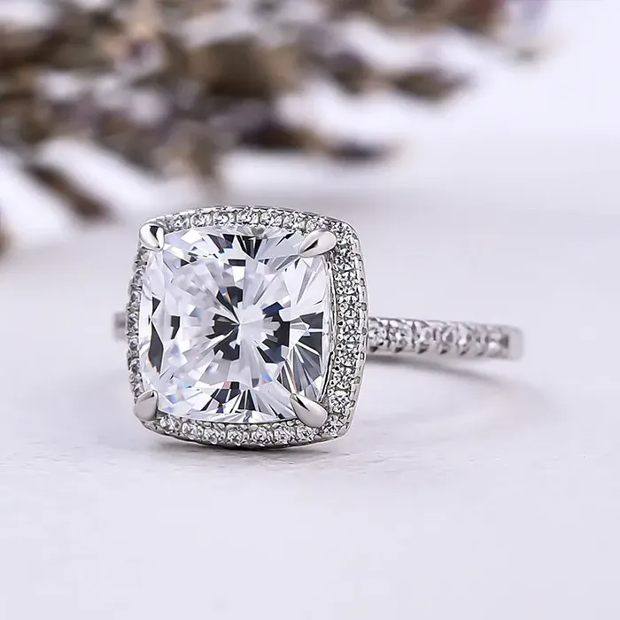 Shineofdiamond Rings 32 Carat Cushion Cut Halo Engagement Ring In Sterling Silver