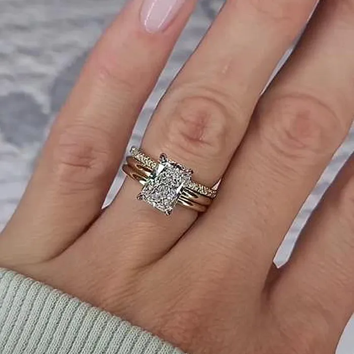 Shineofdiamond Rings 3PCS Radiant Cut Sterling Silver Wedding Bridal Set In Golden Tone