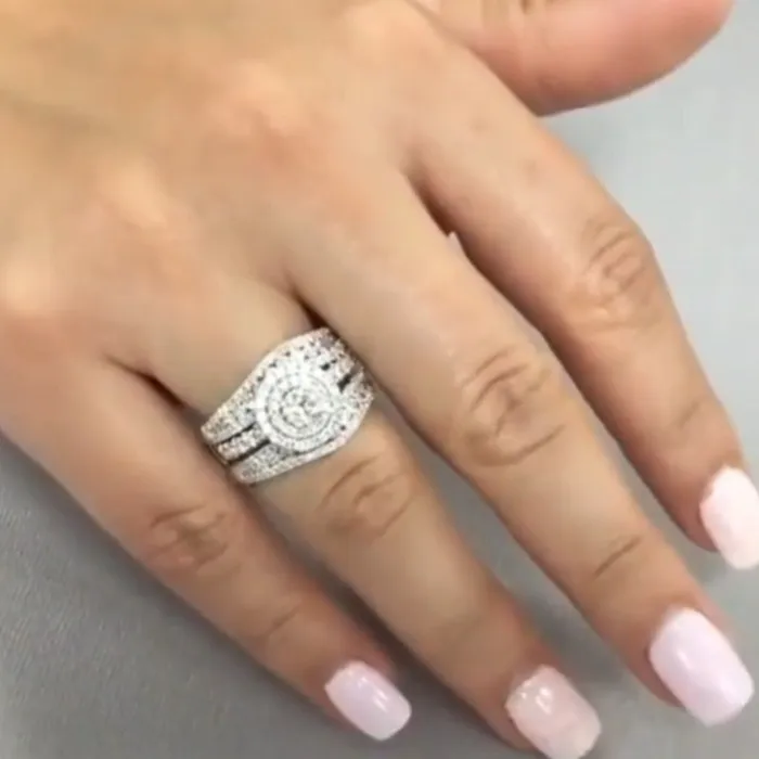 Shineofdiamond Rings Double Halo Round Cut Insert Bridal Set Rings in Sterling Silver Shineofdiamond Rings Double Halo Round Cut Insert Bridal Set Rings in Sterling Silver
