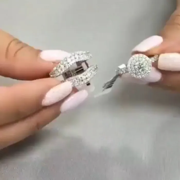 Shineofdiamond Rings Double Halo Round Cut Insert Bridal Set Rings in Sterling Silver