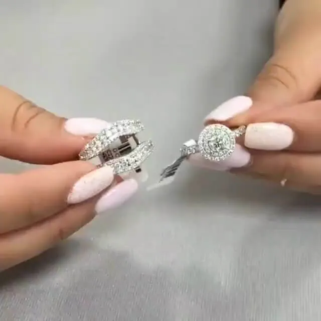 Shineofdiamond Rings Double Halo Round Cut Insert Bridal Set Rings in Sterling Silver
