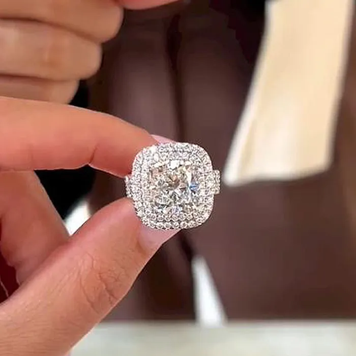 Shineofidamond Rings Stunning Double Halo Three Shank Cushion Cut Sterling Silver Engagement Ring Shineofidamond Rings Stunning Double Halo Three Shank Cushion Cut Sterling Silver Engagement Ring