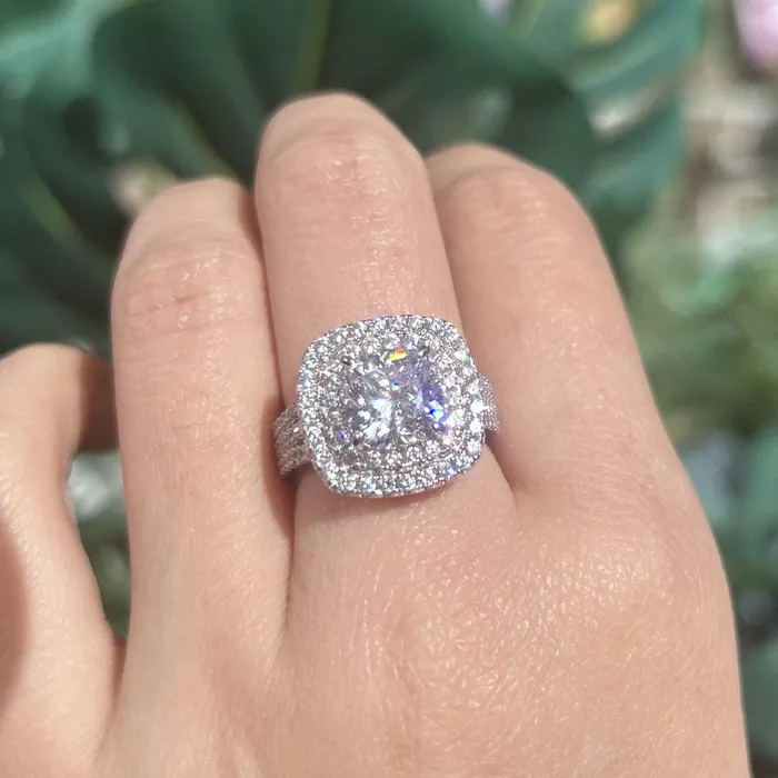 Shineofidamond Rings Stunning Double Halo Three Shank Cushion Cut Sterling Silver Engagement Ring