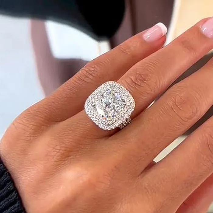 Shineofidamond Rings Stunning Double Halo Three Shank Cushion Cut Sterling Silver Engagement Ring