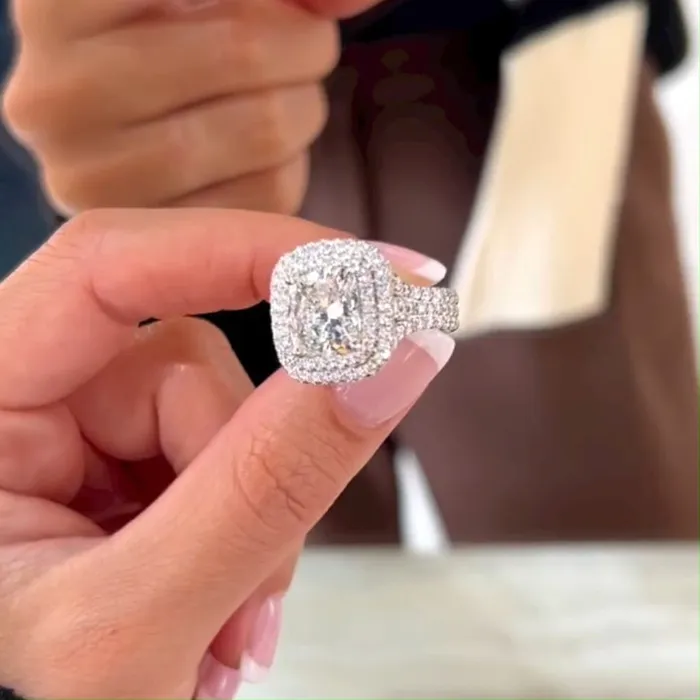 Shineofidamond Rings Stunning Double Halo Three Shank Cushion Cut Sterling Silver Engagement Ring
