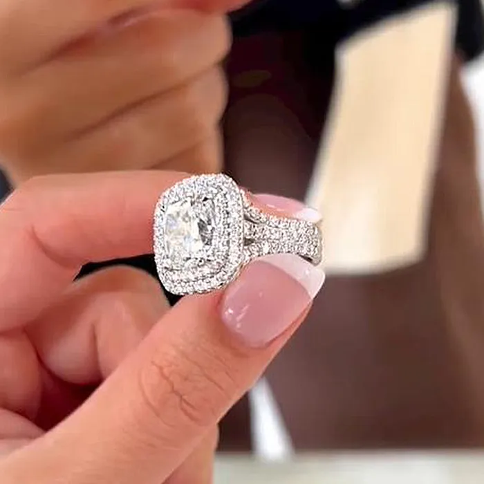 Shineofidamond Rings Stunning Double Halo Three Shank Cushion Cut Sterling Silver Engagement Ring