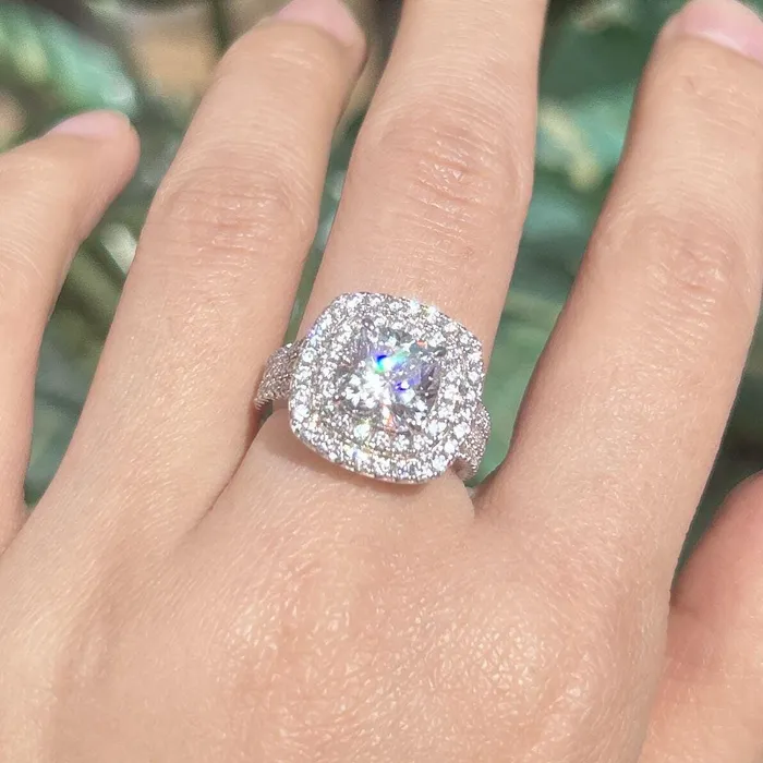 Shineofidamond Rings Stunning Double Halo Three Shank Cushion Cut Sterling Silver Engagement Ring