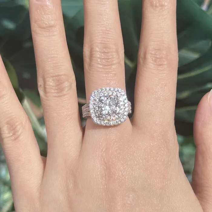 Shineofidamond Rings Stunning Double Halo Three Shank Cushion Cut Sterling Silver Engagement Ring