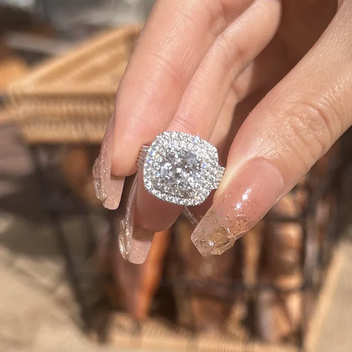 Shineofidamond Rings Stunning Double Halo Three Shank Cushion Cut Sterling Silver Engagement Ring