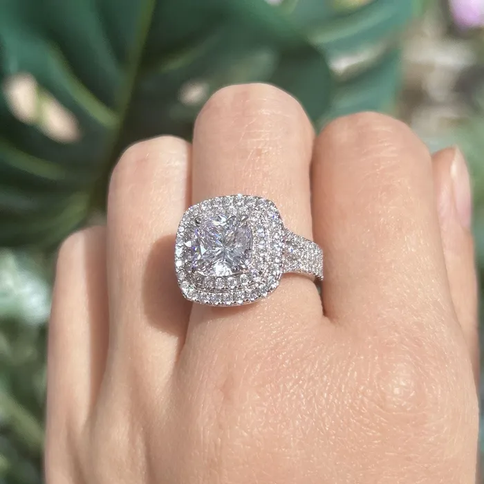 Shineofidamond Rings Stunning Double Halo Three Shank Cushion Cut Sterling Silver Engagement Ring