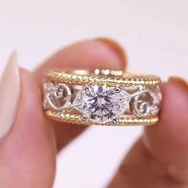 Shineofidamond Twotone Vintage Engraved Round Cut Engagement Ring Rings