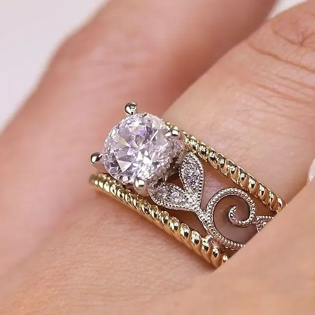 Shineofidamond Twotone Vintage Engraved Round Cut Engagement Ring Rings Shineofidamond Twotone Vintage Engraved Round Cut Engagement Ring Rings