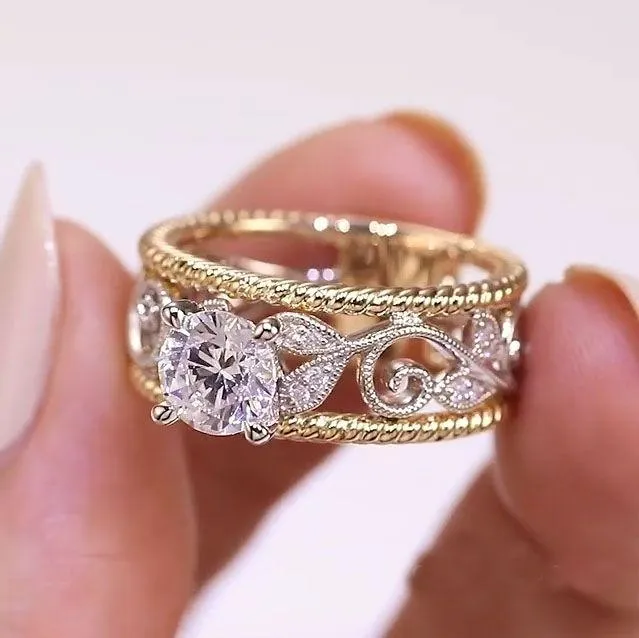 Shineofidamond Twotone Vintage Engraved Round Cut Engagement Ring Rings Shineofidamond Twotone Vintage Engraved Round Cut Engagement Ring Rings